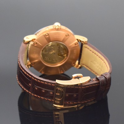 26797300b - GÉRALD GENTA Arena Bi-Retro big and heavy gents wristwatch in pink gold 18k/tantalum, Switzerland around 2020, self winding, on both sides glazed case reference BSP.Y.55, satin-finished tantalum-bezel, back with 8 screws, silver-gray dial with ray-engine- turned ground, retrogrades date at 6, digital hour at 12, central second as well as retrograde minute, nickel plated movement calibre 1000, 27 jewels, 5 adjustments, original leather strap with heavy deployant clasp in pink gold 18k, diameter approx. 45 mm, condition 2