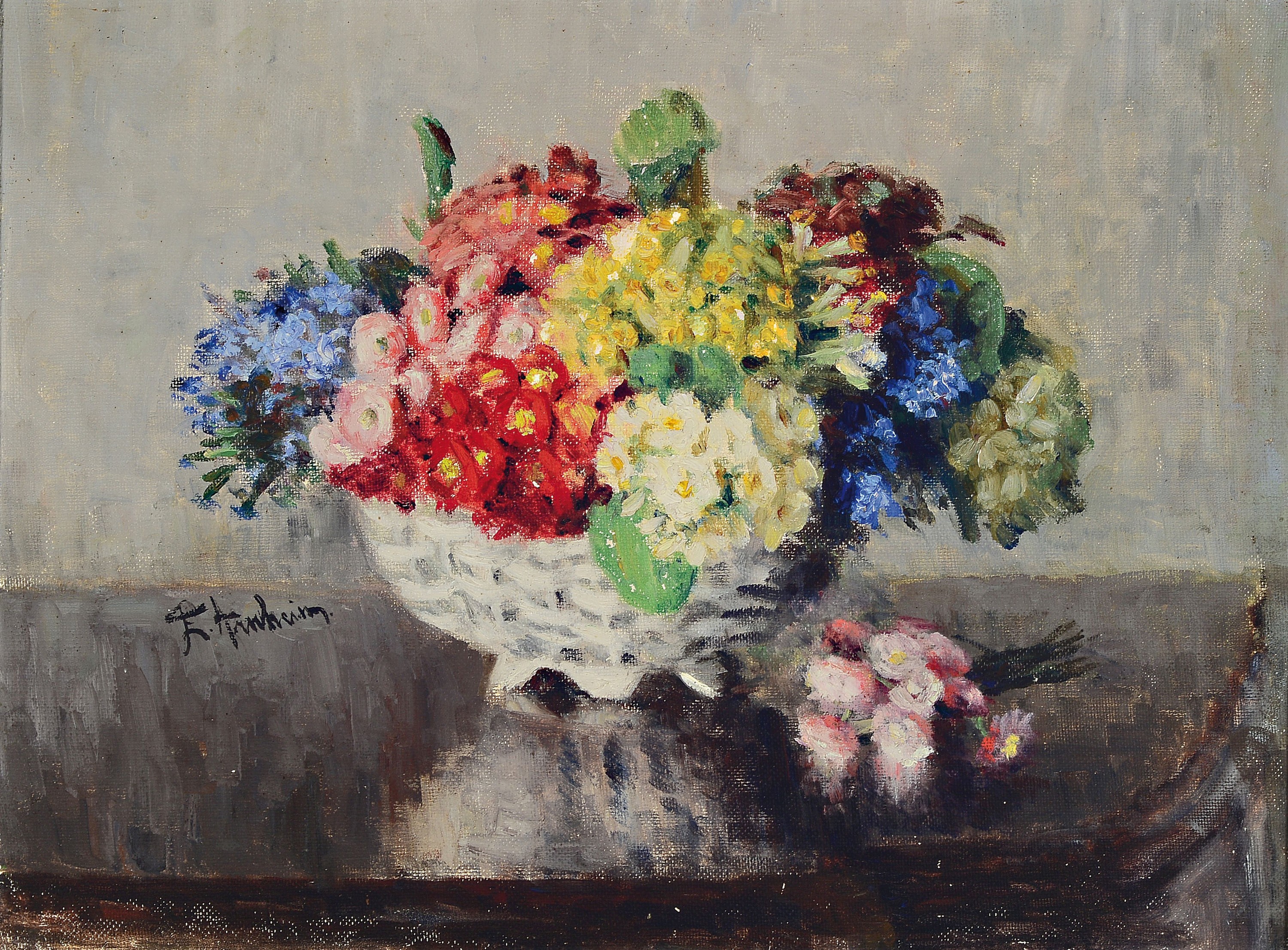 Elly Arnheim, 1877 Dresden-1945, Blumenstillleben in weißem Porzellankorb, Öl/Malkarton, seitlich links signiert, ca. 44x58cm, R. ca. 55x70cm, Elly ...