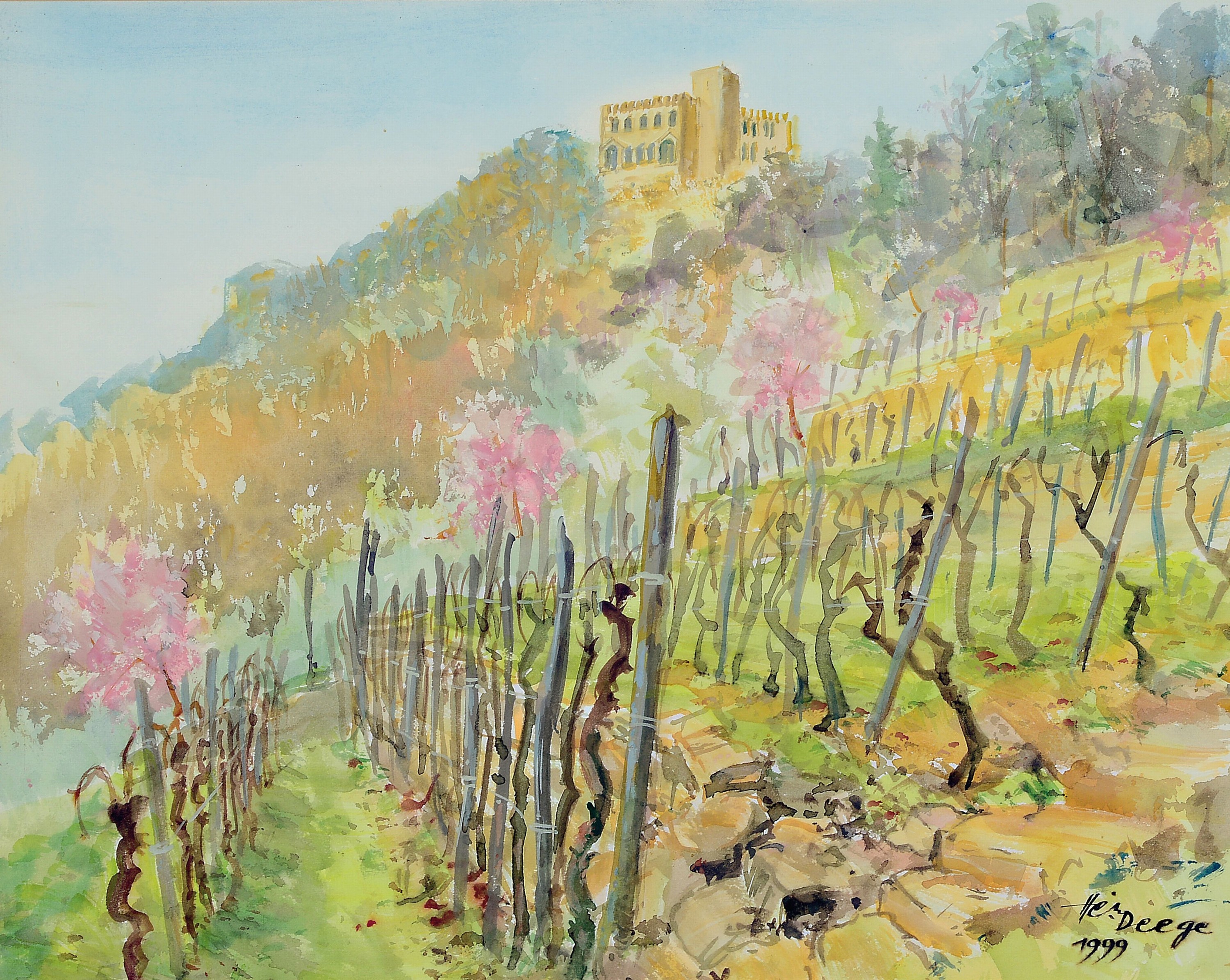 Heiner Deege, 1920-2007 Haßloch, Blick über Weinreben auf das Hambacher Schloß, Aquarell auf Papier, rechts unten signiert und dat. 1999, ca. ...