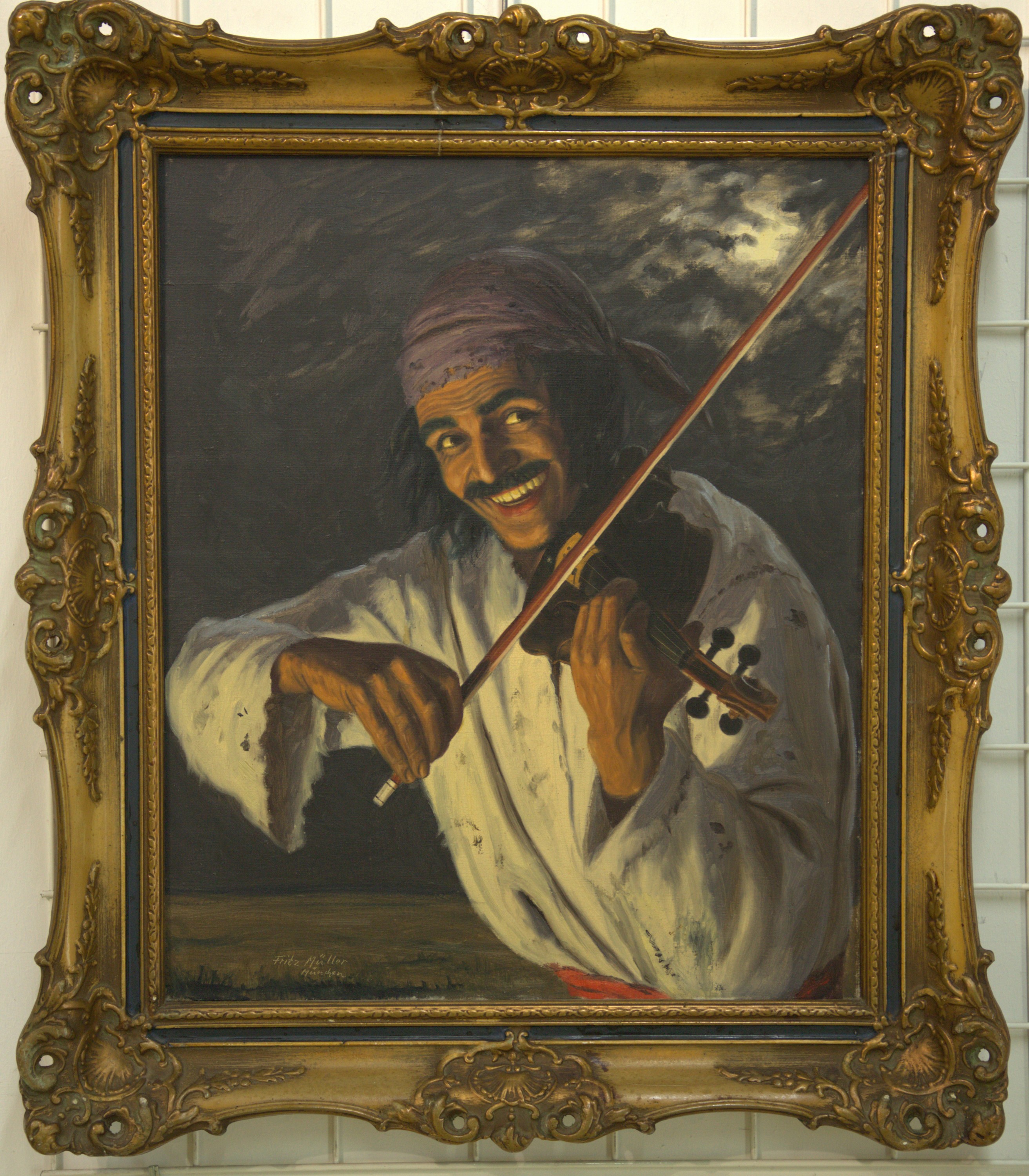 Fritz Müller, 1879-1957, Mondscheingeiger, Öl/Lwd, links unten signiert und bez. München, ca. 60x50cm, R. ca. 77x67cm