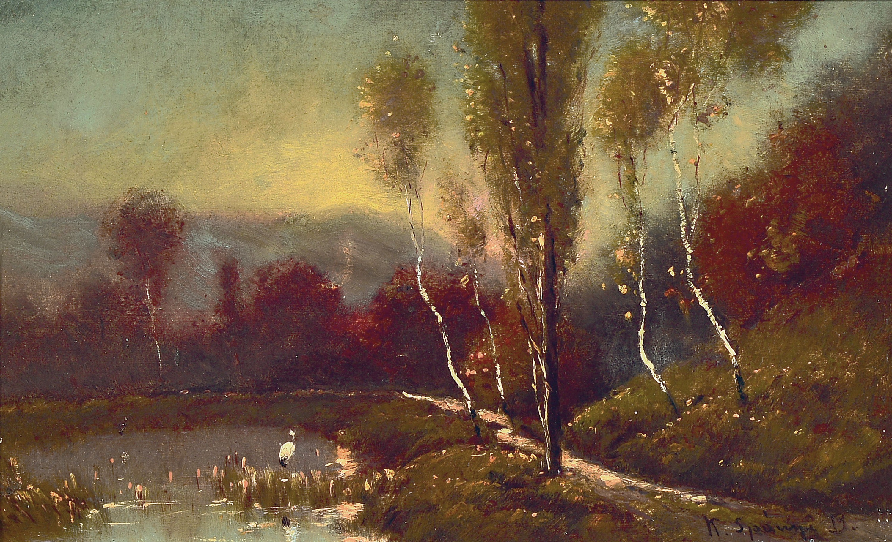 Bela von Spanyi (K. Spanyi Bela), 1852-1914, bekannter ungarischer Künstler, Landschaft mit Birken bestandenem Gewässer mit Storch, Öl/Malkarton, ...