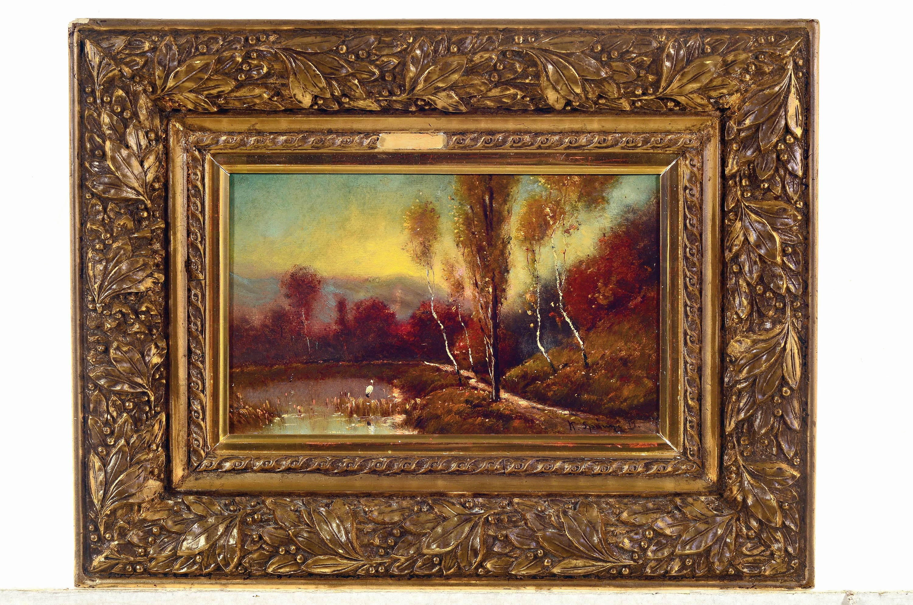 Detail k: Bela von Spanyi (K. Spanyi Bela), 1852-1914, bekannter ungarischer Künstler, Landschaft mit Birken bestandenem Gewässer mit Storch, Öl/Malkarton, ...
