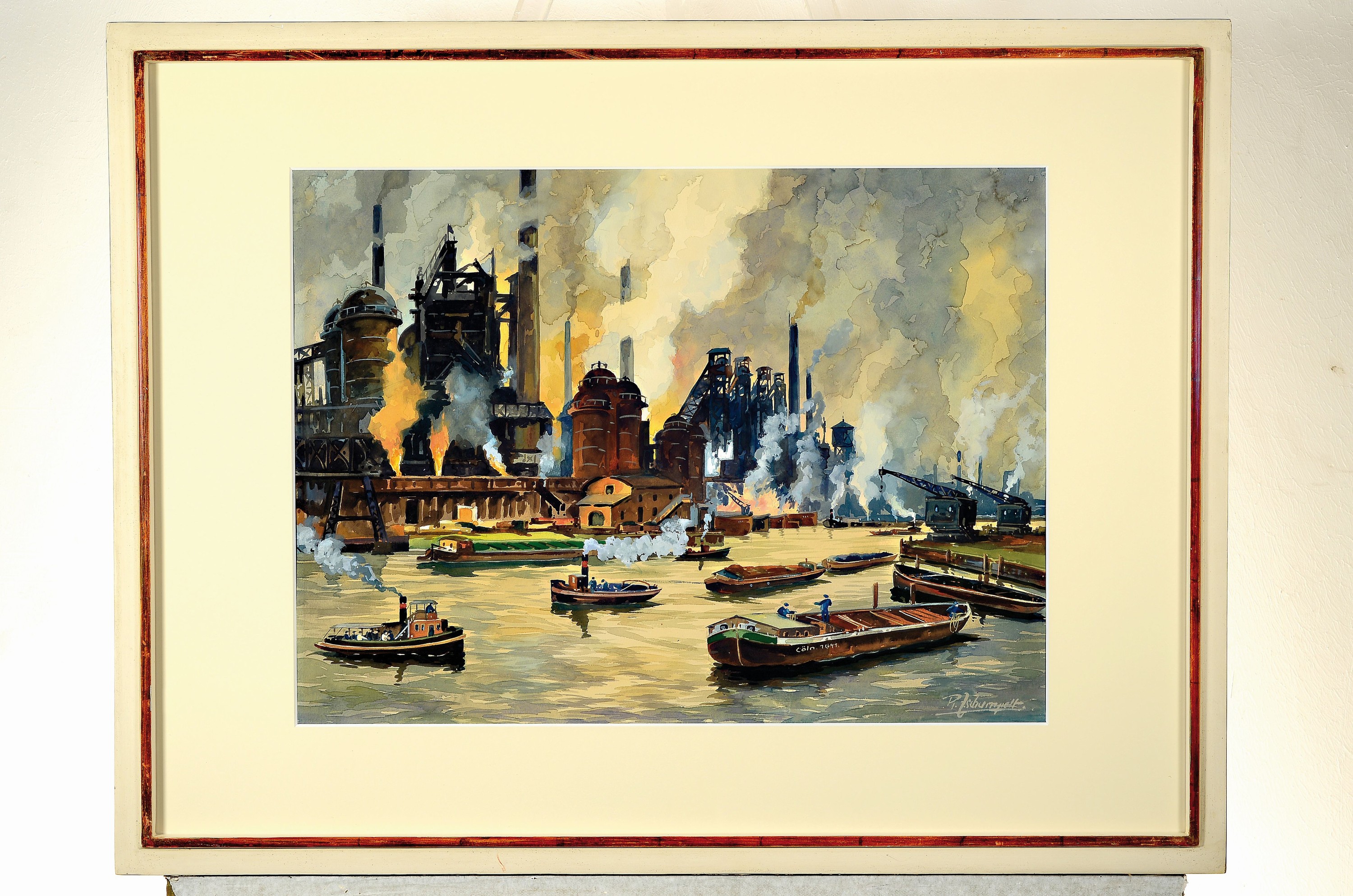 Richard Zschumpelt, Maler der 1. Hälfte des 20. Jh., Blick in den Rheinhafen Duisburg, Aquarell auf Papier, rechts unten signiert, ca. 42x58cm, PP, ...