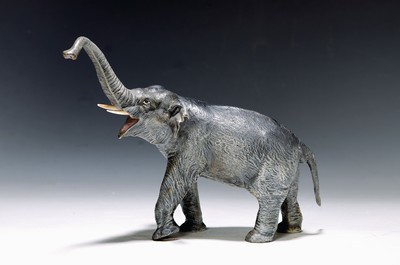 Image Large Viennese bronze, walking elephant with upright trunk, colorfully painted, height ...