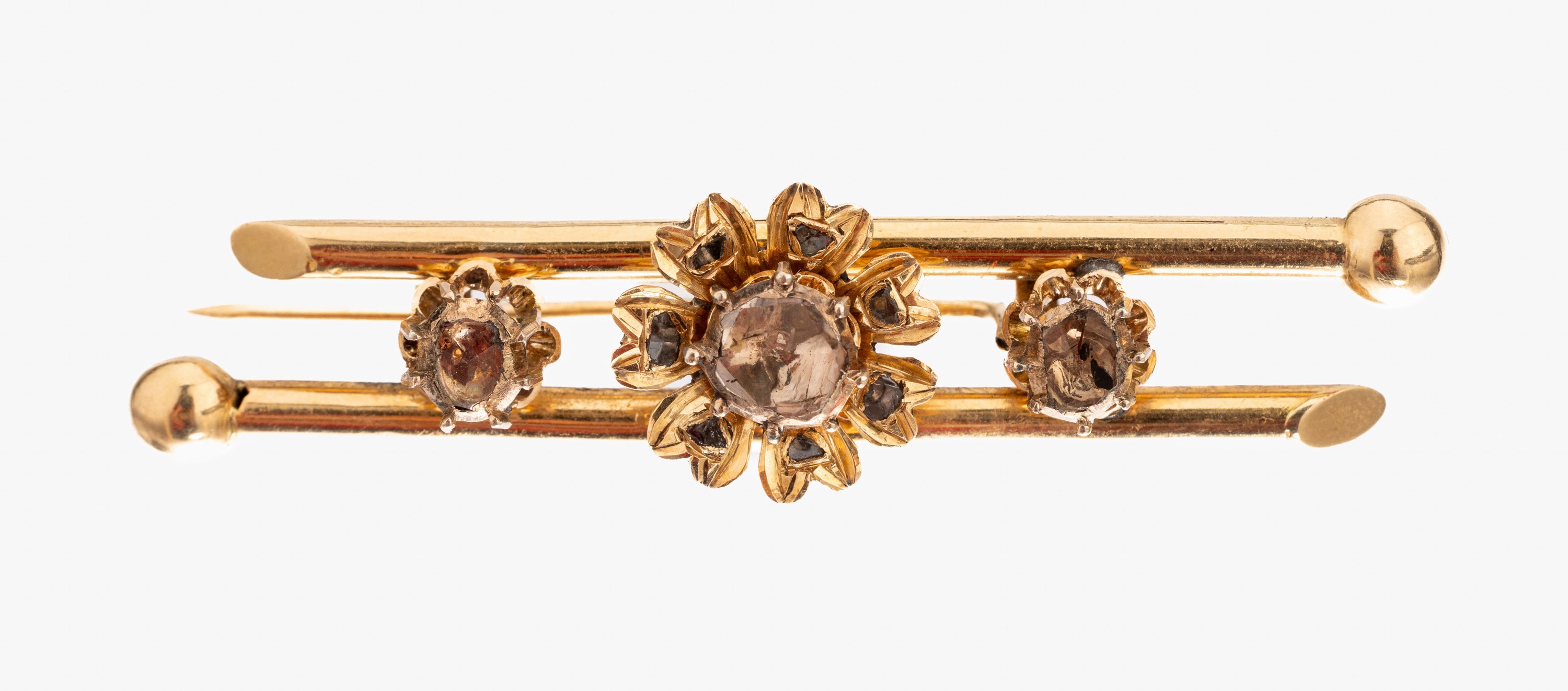 14 kt Gold Diamant Anstecknadel, um 1860/70 GG 585/000 (gepr.), stäbchenförmig, florale Gestaltung, mittig drehbare Blüte besetzt mit ...