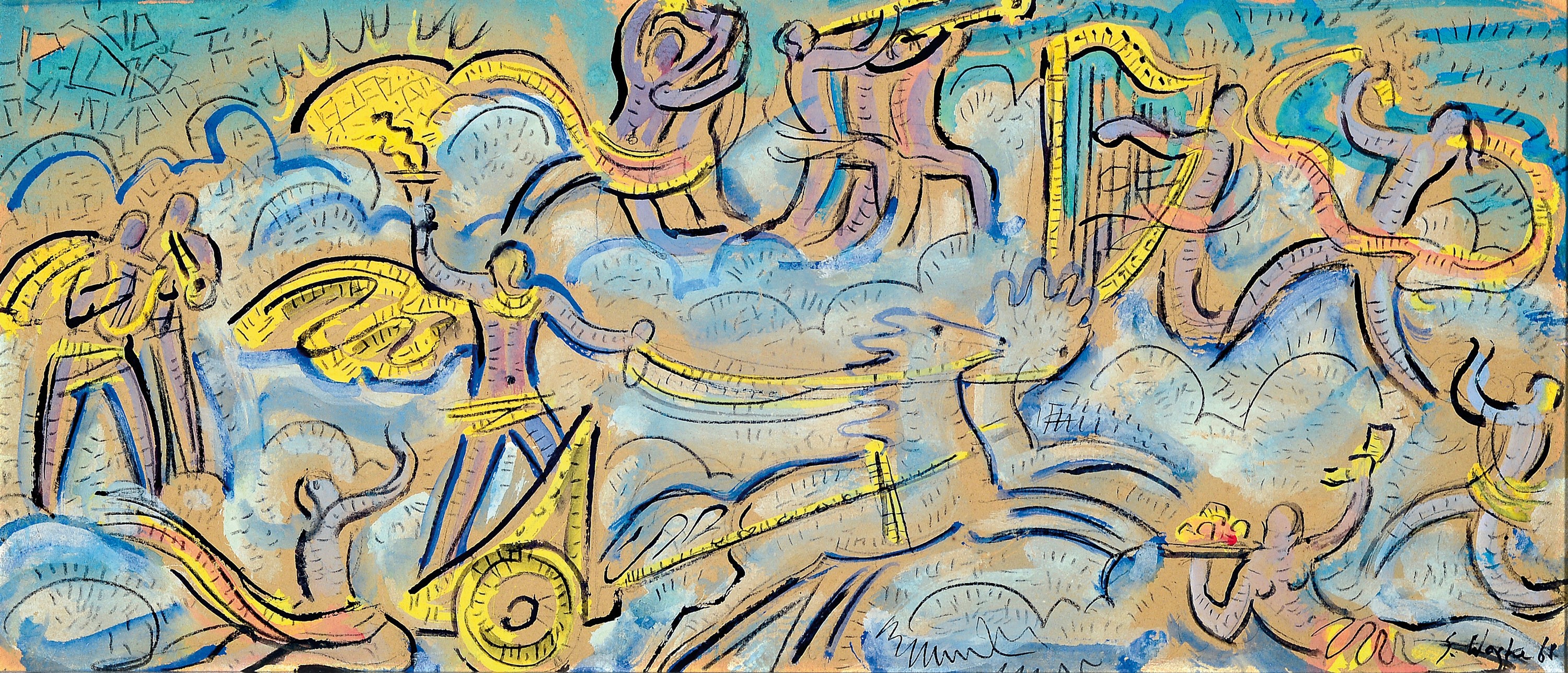 Erich Waske, 1889 Berlin-1978, Im Olymp, Gouache auf Karton, re. u. sign. und dat. 68, ca. 30x68cm, R.