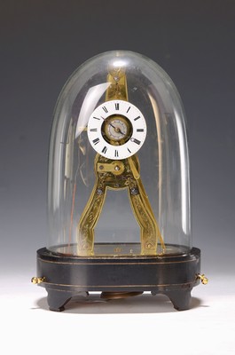 Image Small skeleton clock with alarm clock and glass dome, France, around 1870, wooden base ...