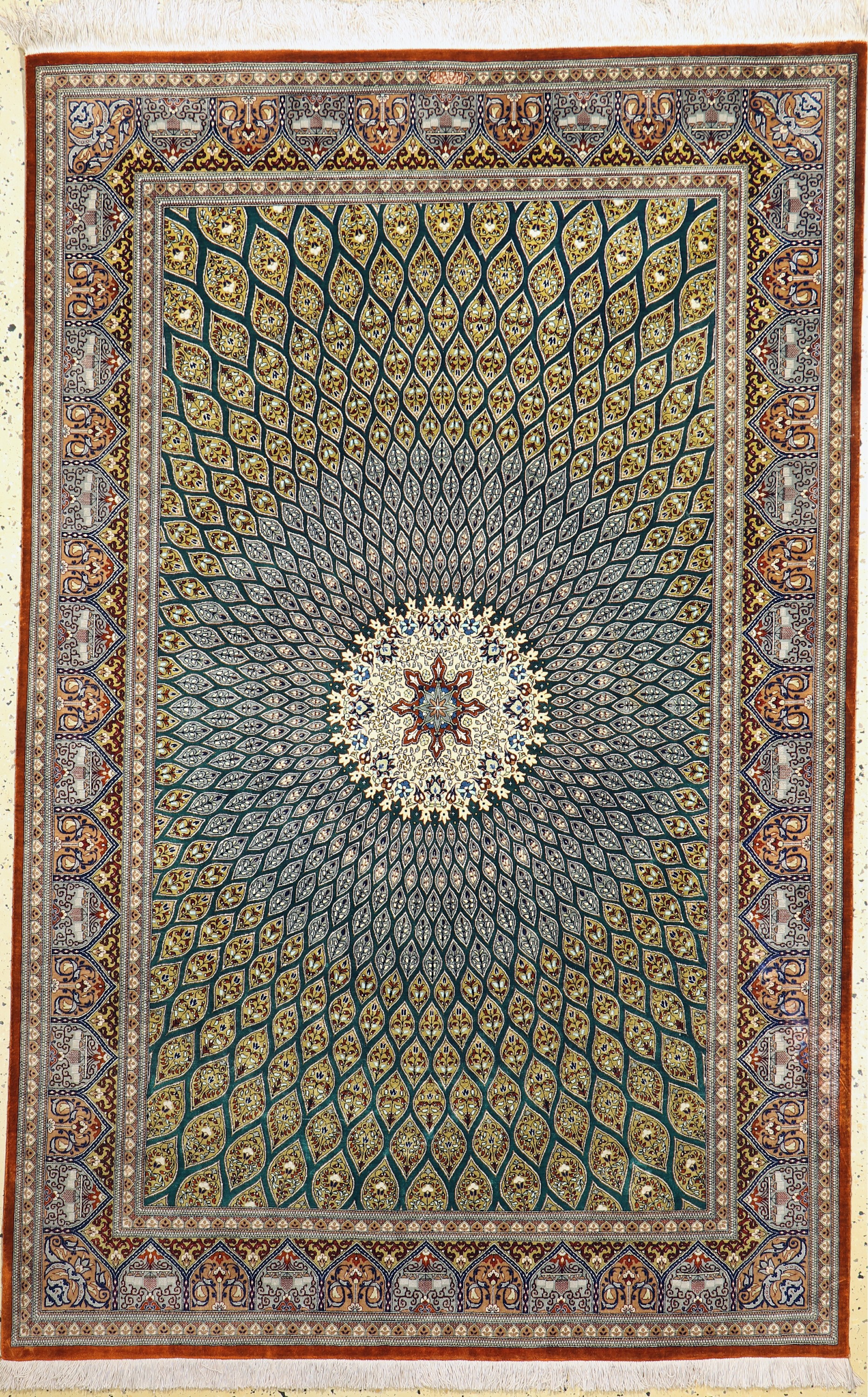 Ghom Seide fein, Persien, signiert(Wafaie),Ende 20.Jhd, reine Naturseide, ca. 202 x 130 cm, ca. 1,0 Mio. Kn/qm, EHZ: 1