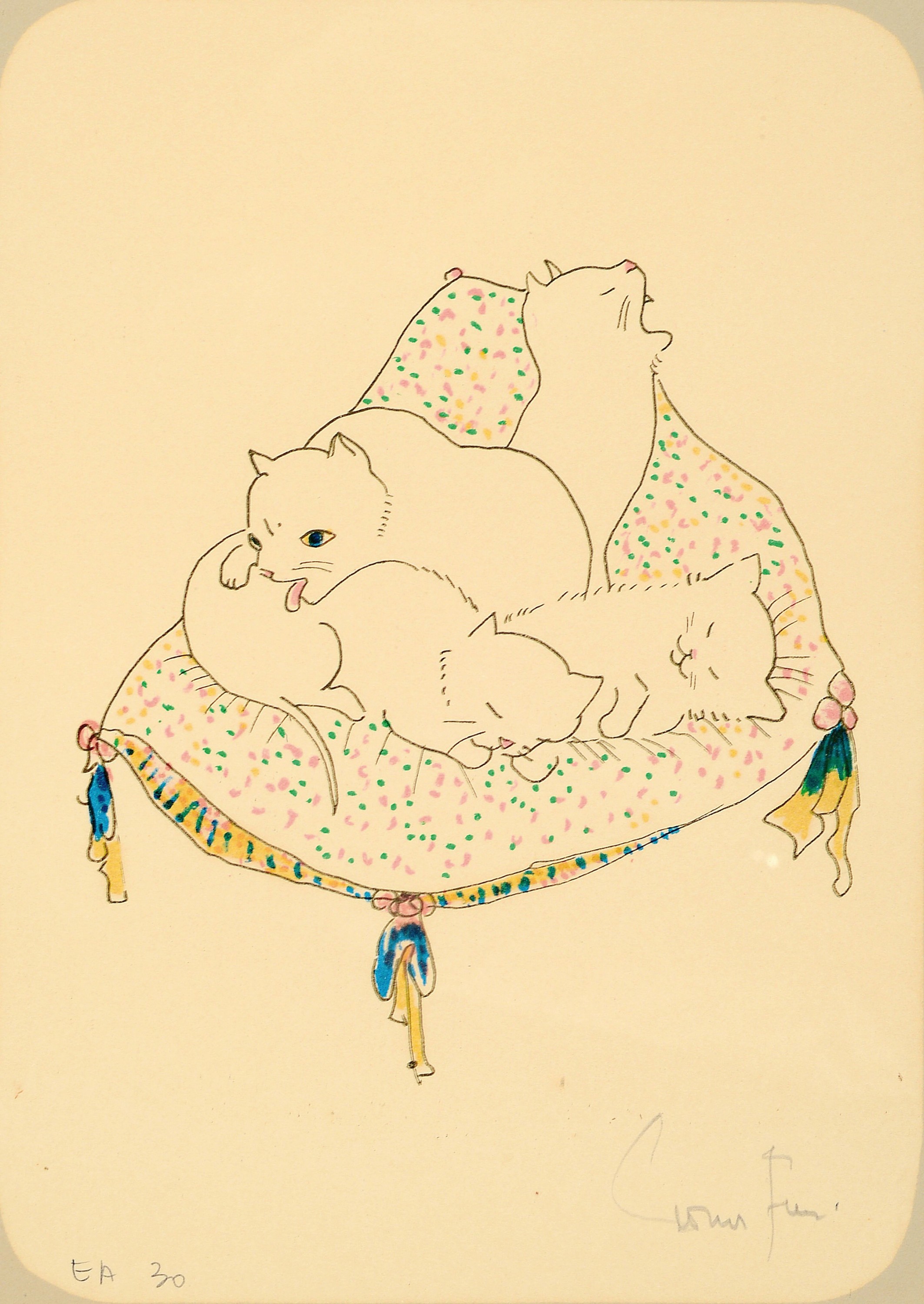 Leonor Fini, Buenos Aires 1908 - Paris 1996 , zwei Farblithografien, vier Kätzchen auf einem Kissen liegend, handsigniert, num. EA 30, PP-Ausschnitt ...