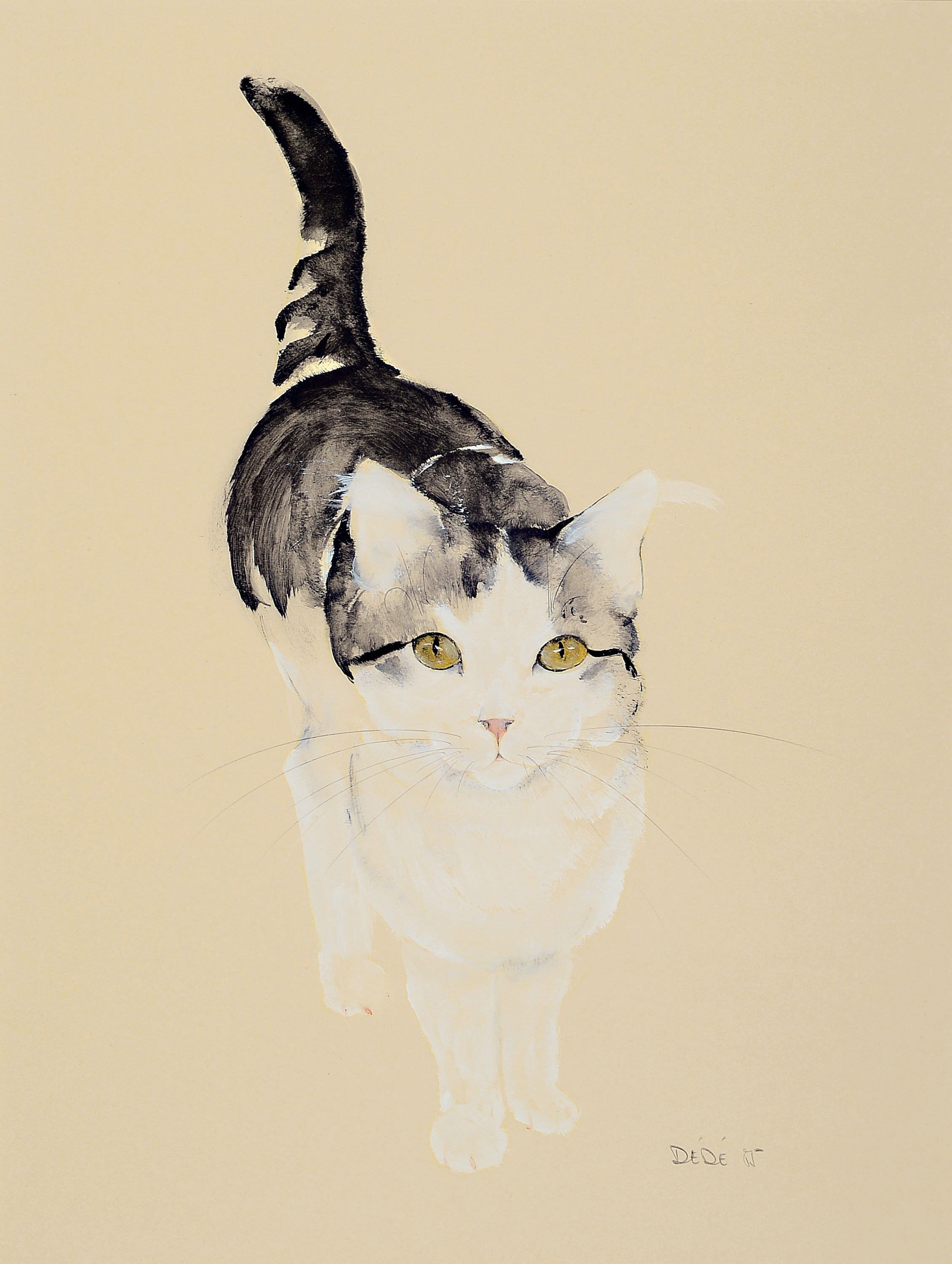 Dédé (Moser-Castelli, Carmen Dedee) Bellinizona 1936, stehende Katze, Gouache, signiert, ca. 32 x 32 cm