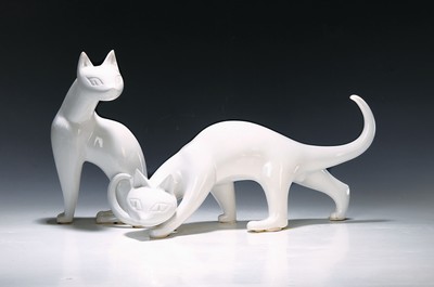 Image Two large porcelain sculptures, KPM Berlin, 2nd choice, sitting and slinking cat, ...