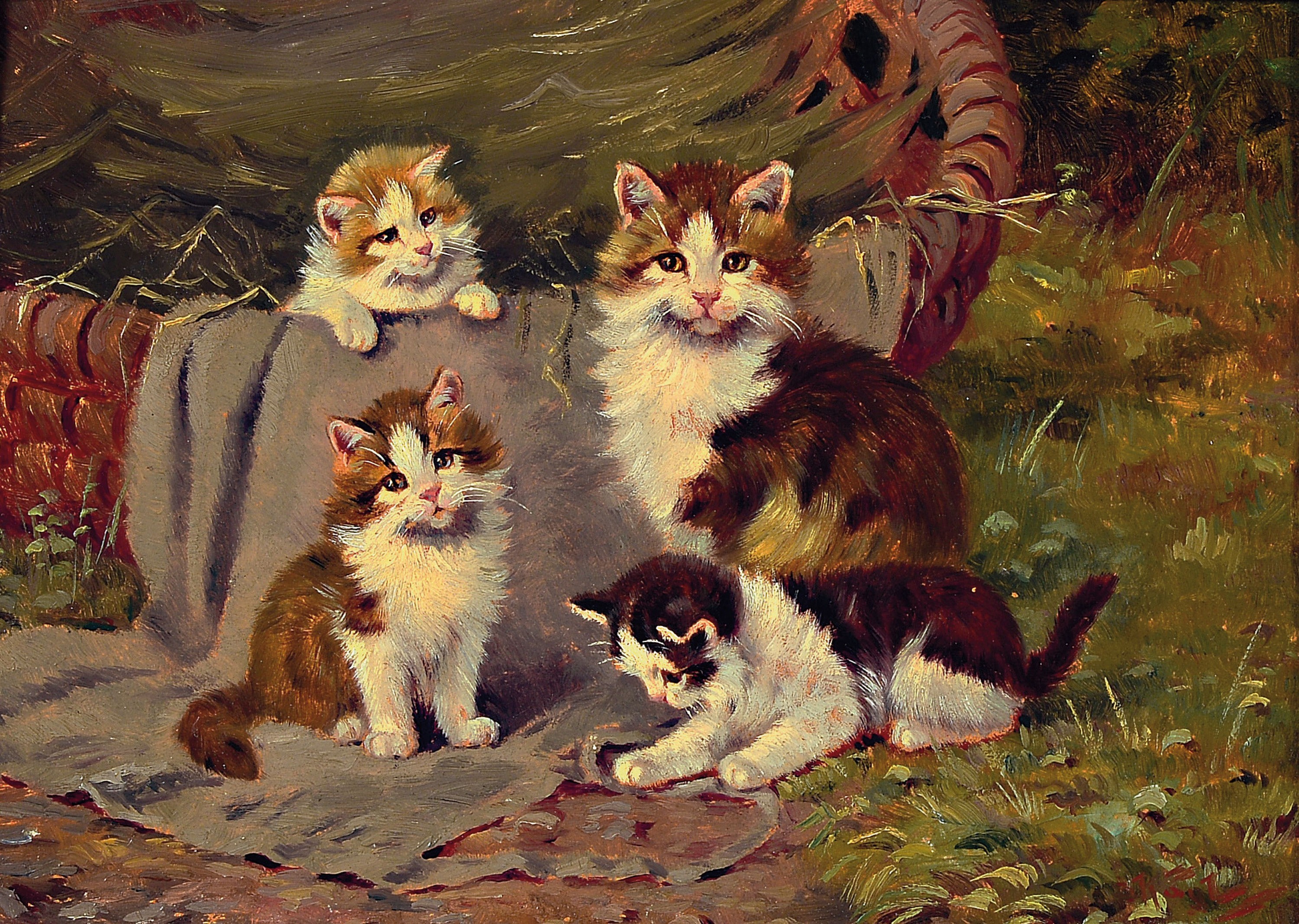 Benno Kögl, 1892 Greding - 1973 Nymphenburg, Kätzin mit drei spielenden Kätzchen, Öl/Platte, ca. 18 x 23 cm, rückseitig mit Etikett ...
