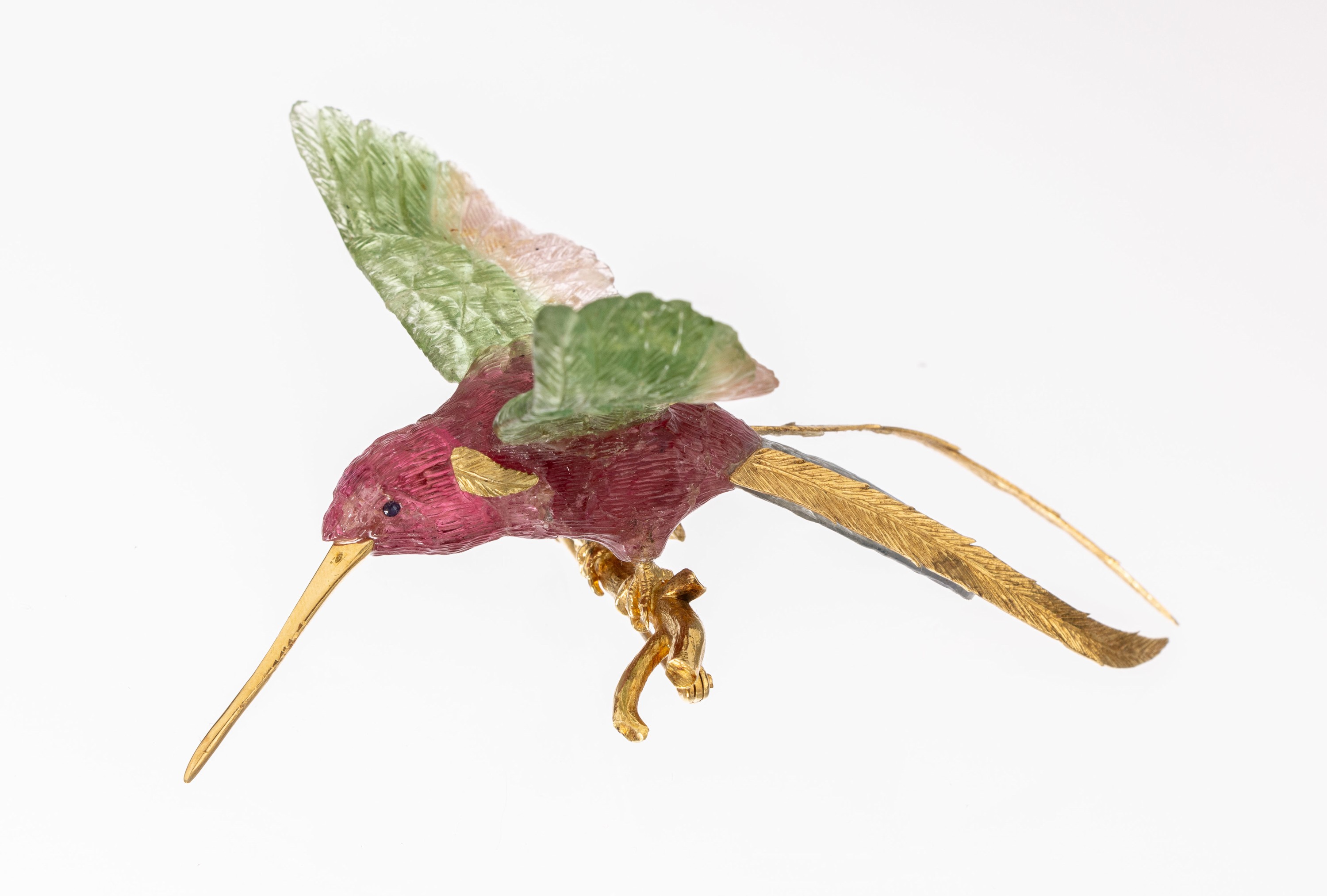 18 kt Gold Turmalin Brosche "Kolibri", GG 750/000, Kolibri mit ausgebreiteten Flügeln, naturalistische Darstellung, vollplastisch, ...