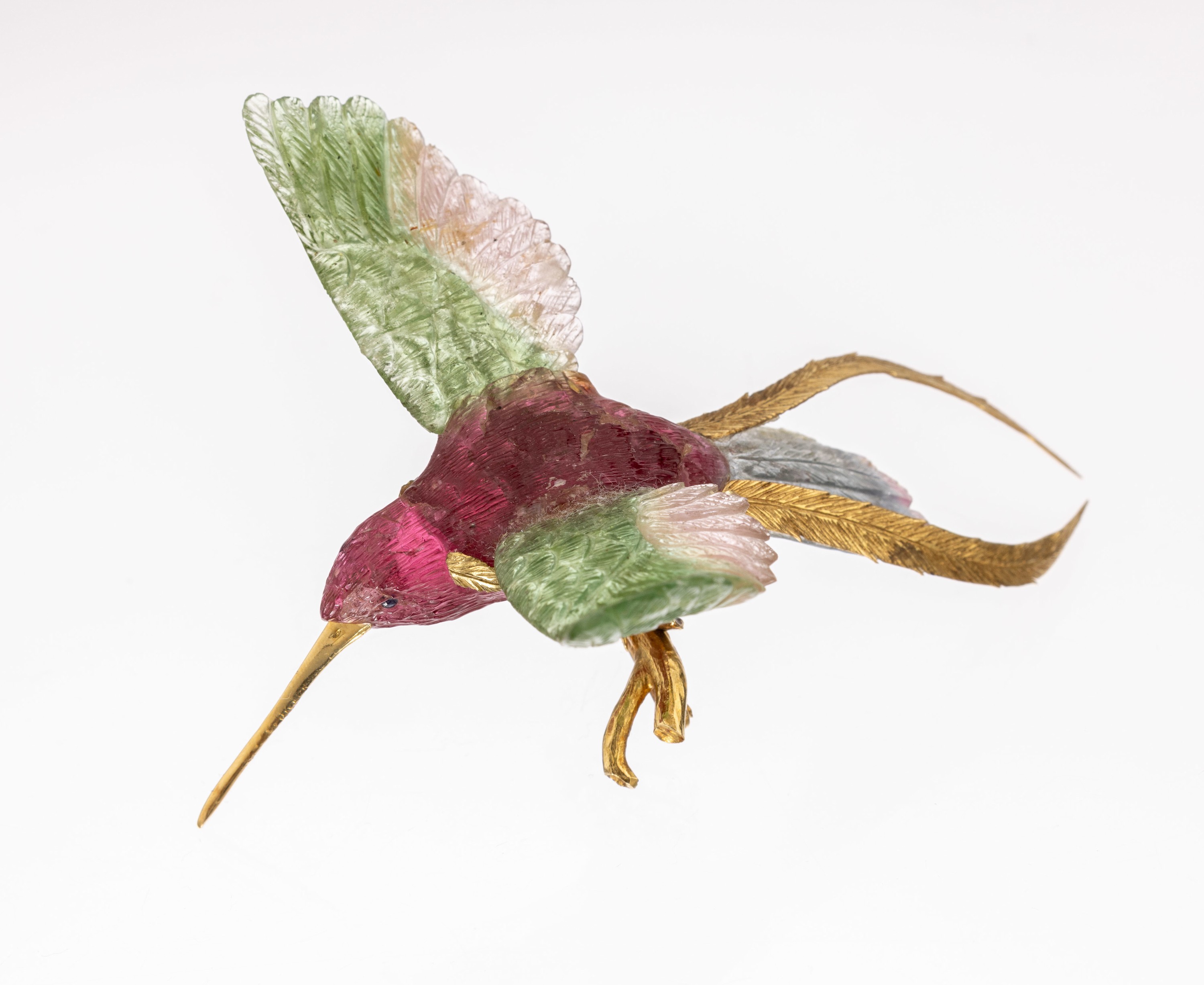 Detail a: 18 kt Gold Turmalin Brosche "Kolibri", GG 750/000, Kolibri mit ausgebreiteten Flügeln, naturalistische Darstellung, vollplastisch, ...