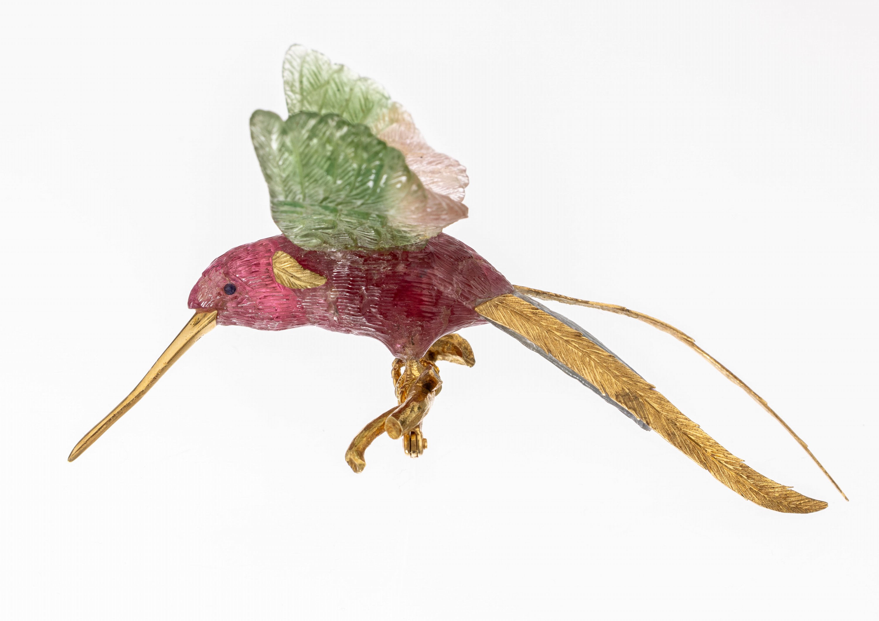 Detail b: 18 kt Gold Turmalin Brosche "Kolibri", GG 750/000, Kolibri mit ausgebreiteten Flügeln, naturalistische Darstellung, vollplastisch, ...