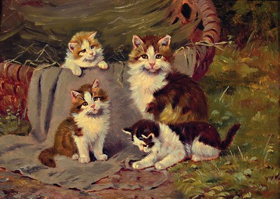 Image 26798400 - Benno Kögl, 1892 Greding - 1973 Nymphenburg, she-cat with three playing kittens, oil/panel, approx. 18 x 23 cm, with label Boutique d'art Weber Mainz on the back, Benno Kögl also known as Katzen-Kögl, frame approx. 31 x 39 cm