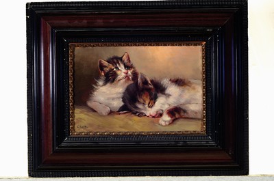 26798401k - E. Liedtke, painter around 1900, two cats, oil/wood, signed, approx. 20 x 30 cm, frame approx. 40 x 50 cm