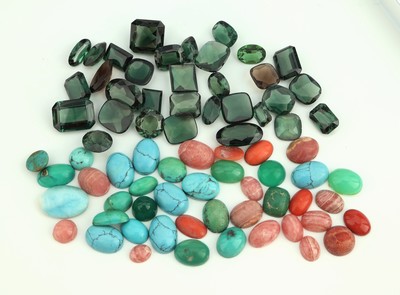 Image Lot loose turquoises, rhodochrosite, coral i.a., total 320.47 ct, in different shapes, ...