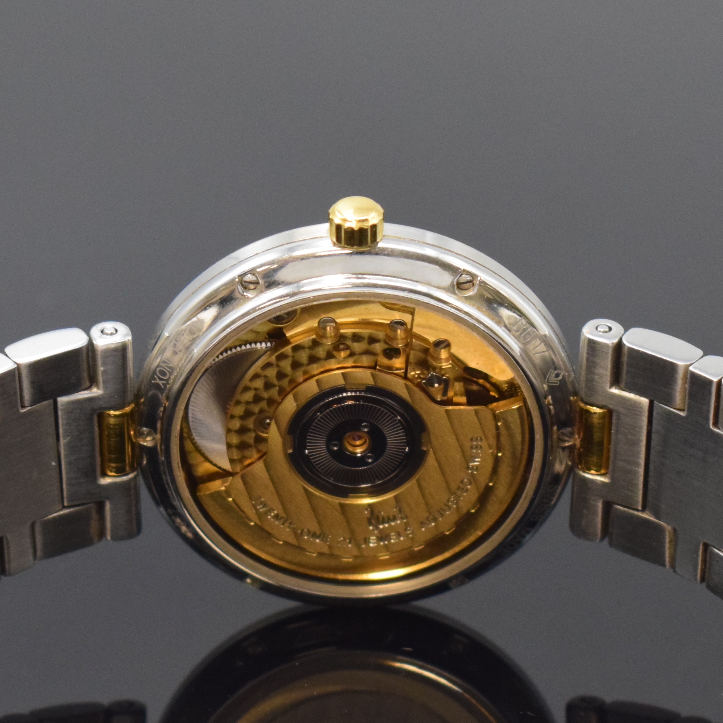 Detail d: BUNZ Designerarmbanduhr in Stahl, Schweiz um 2010, Automatik, beids. vergl. Geh. inkl. orig. Gliederband m. dopp. Faltschl., Boden 6-fach verschr., ...