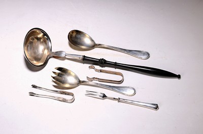 Image 6 silver serving pieces, German, 19th century and early 20th century,: Soup ladle, 12-lot ...