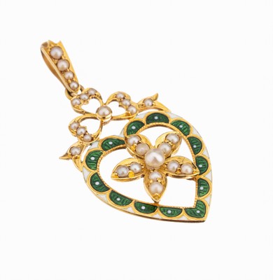 Image 14 kt gold enamel pearl heart pendant , YG 585/000, approx. 1900s, blossom and bow with ...