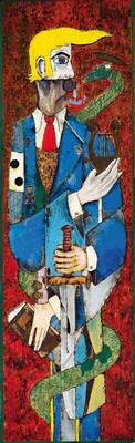 Image Contemporary artist's symbolic representation of Donald Trump, with Bible, lyre, ...