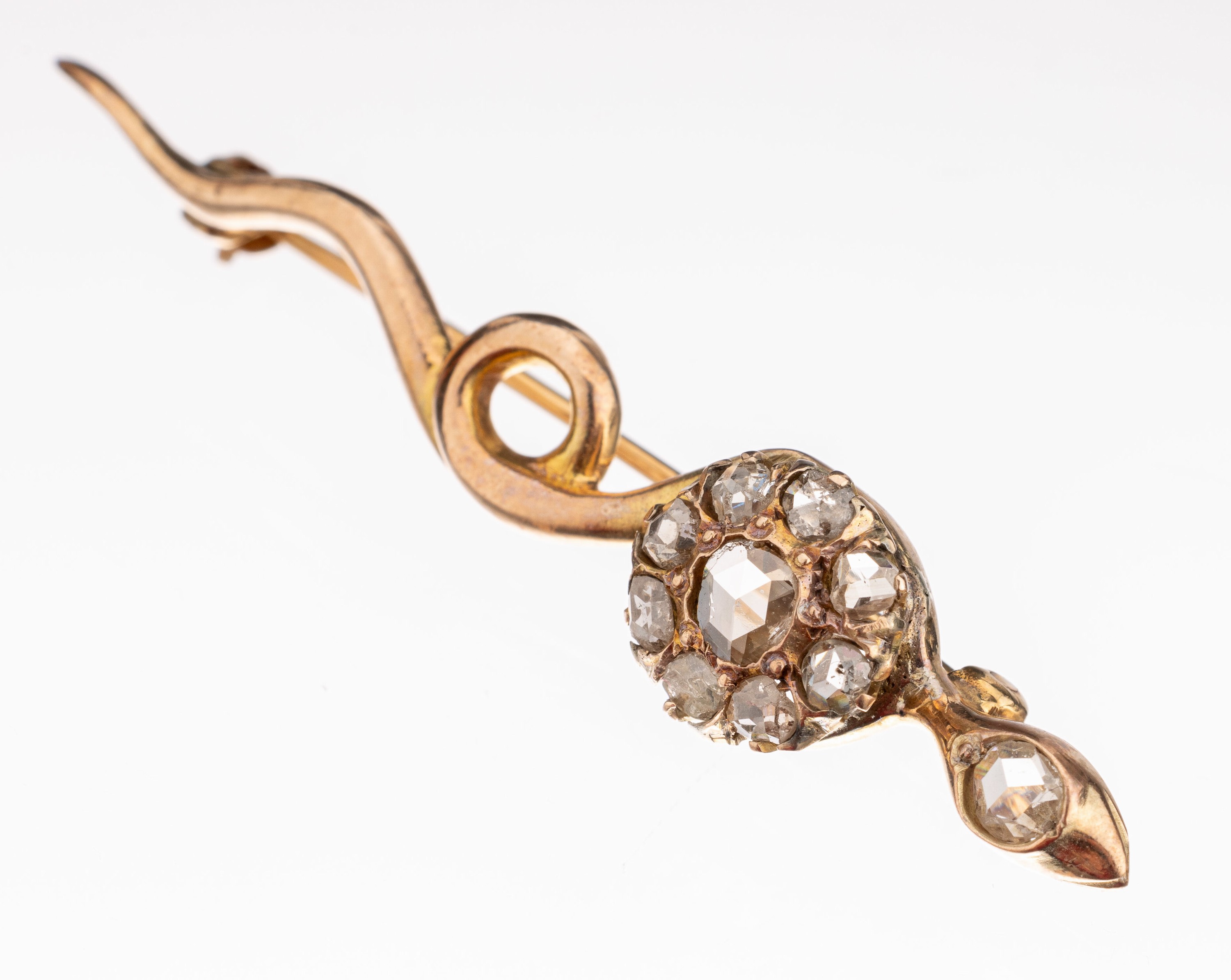 14 kt Gold Diamant-Schlangenbrosche, um 1880, GG 585/000, Diamant-Rosen zus. ca. 0.50 ct Weiß-l.get.Weiß/si-p 1, L. ca. 5 cm, sehr dekorativ, ca. ...