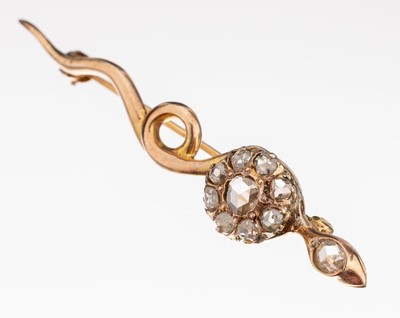 Image 14 kt gold diamond-snake brooch , YG 585/ 000, approx. 1880, diamond-roses total ...