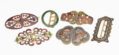 Image Lot 6 belt buckles, approx. 1880-1900s, metal gold plated, 4 x 2-piece, 2 x one-piece,5 ...