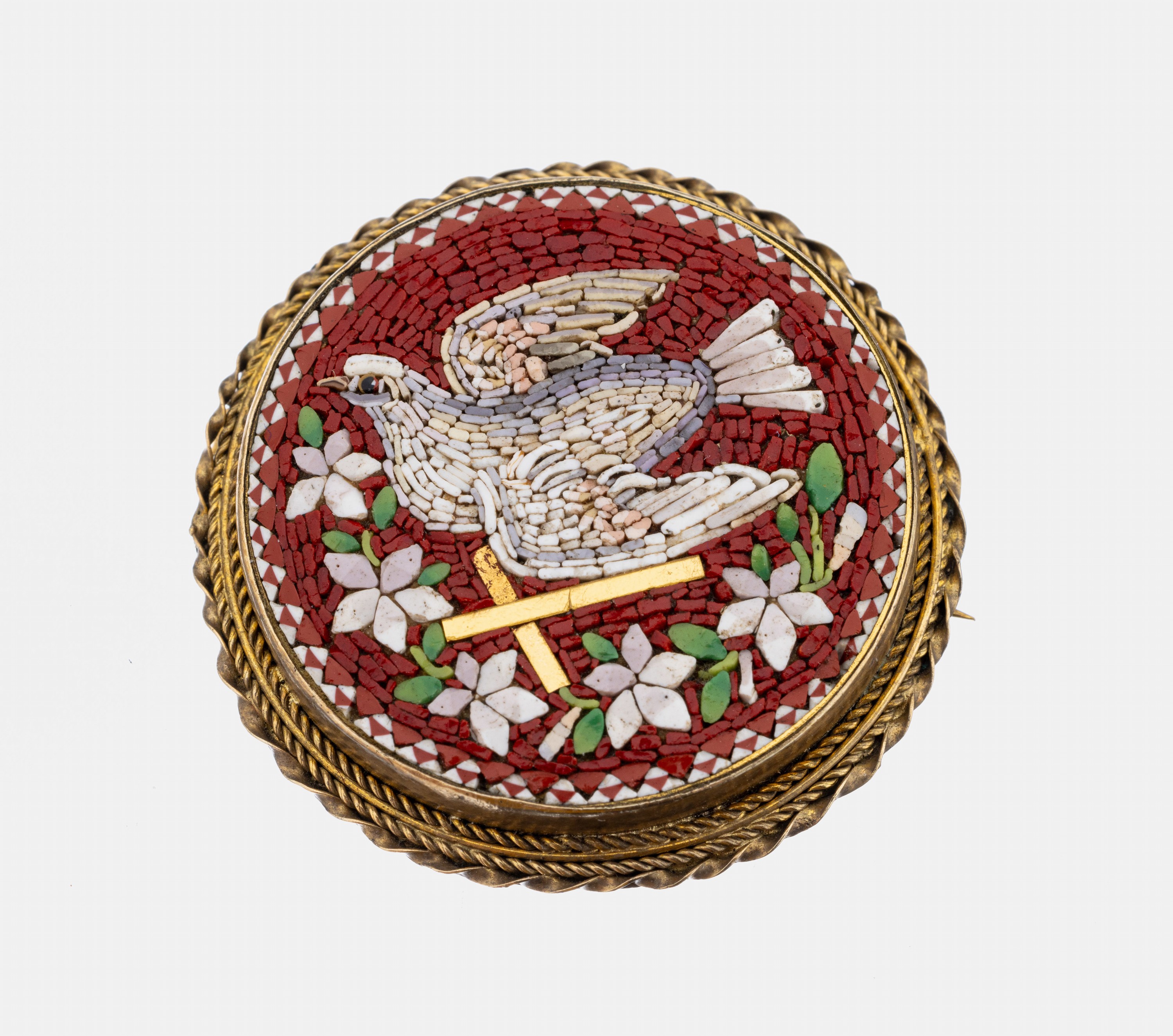 Mikromosaik-Brosche, Italien um 1860-80, Metall verg., feines Mikromosaik, Darstellung einer Taube mit Blüten, Rahmen Silber verg., ...