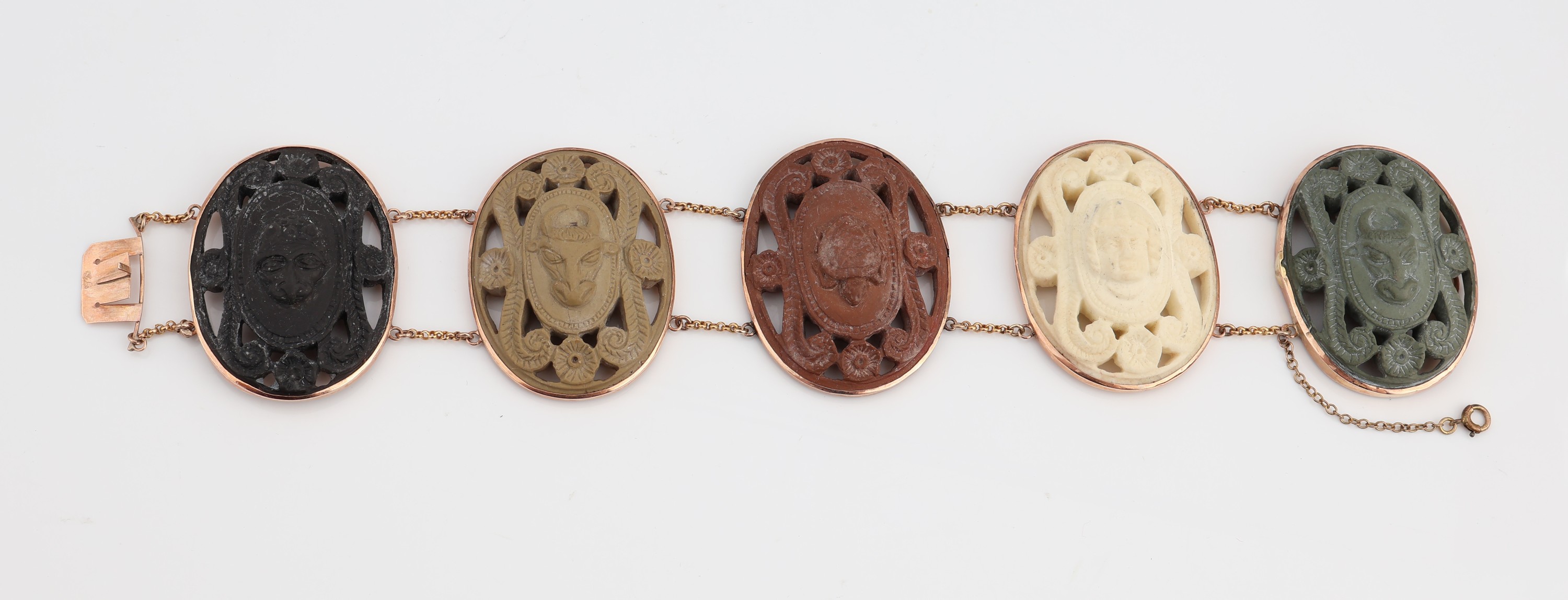 9 kt Gold Lava-Kamee Armband, um 1860-1880, RoseG 375/000, 5 Lavakameen in versch. Farbtönen, plastische Ausarbeitung, versch. Darstellungen: ...