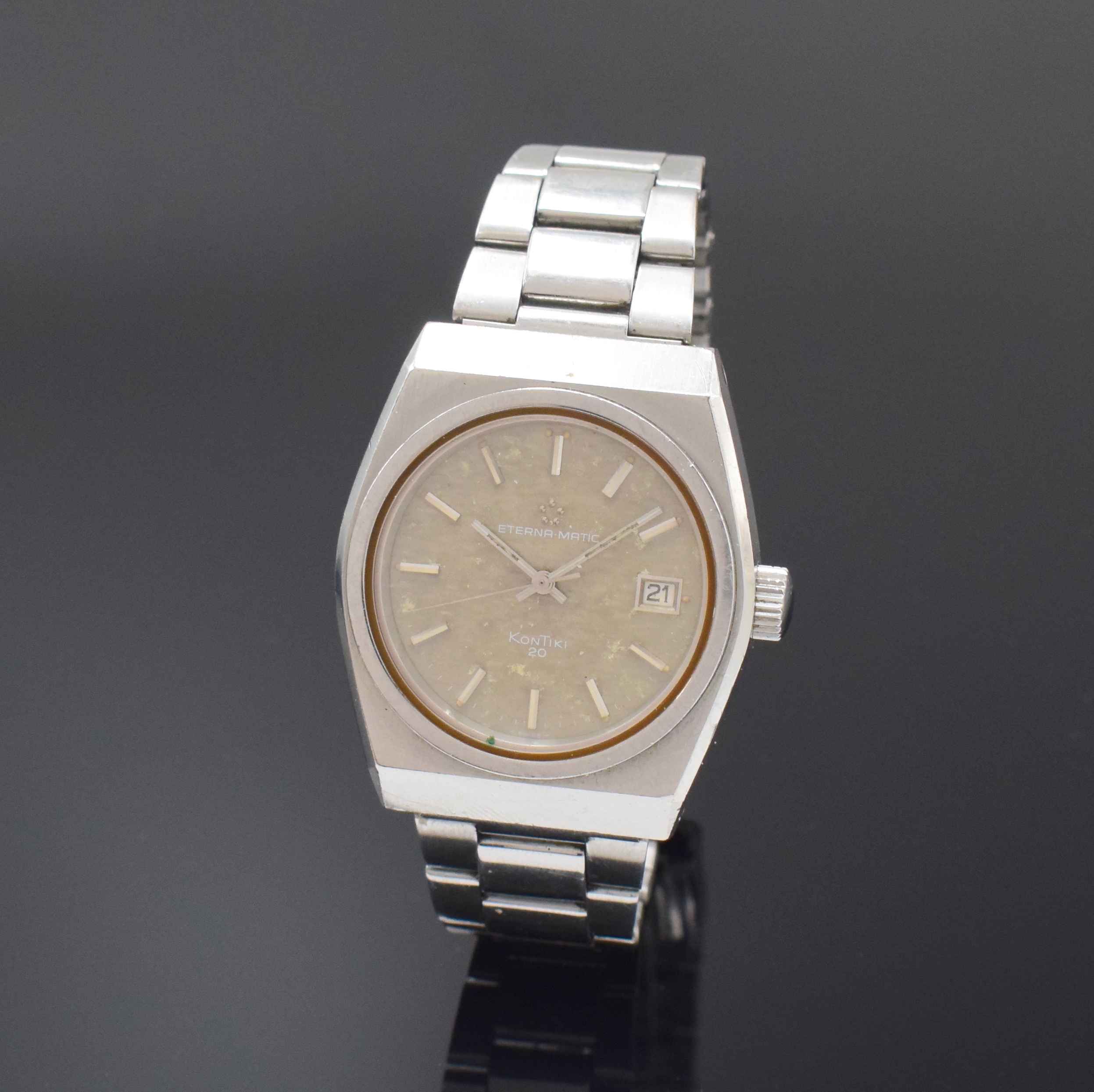 ETERNA-MATIC Kontiki 20 Herrenarmbanduhr in Stahl, Schweiz um 1970, Automatik, Boden verschr., neutr. Stahlband inkl. Faltschl. (zu rep.), ...