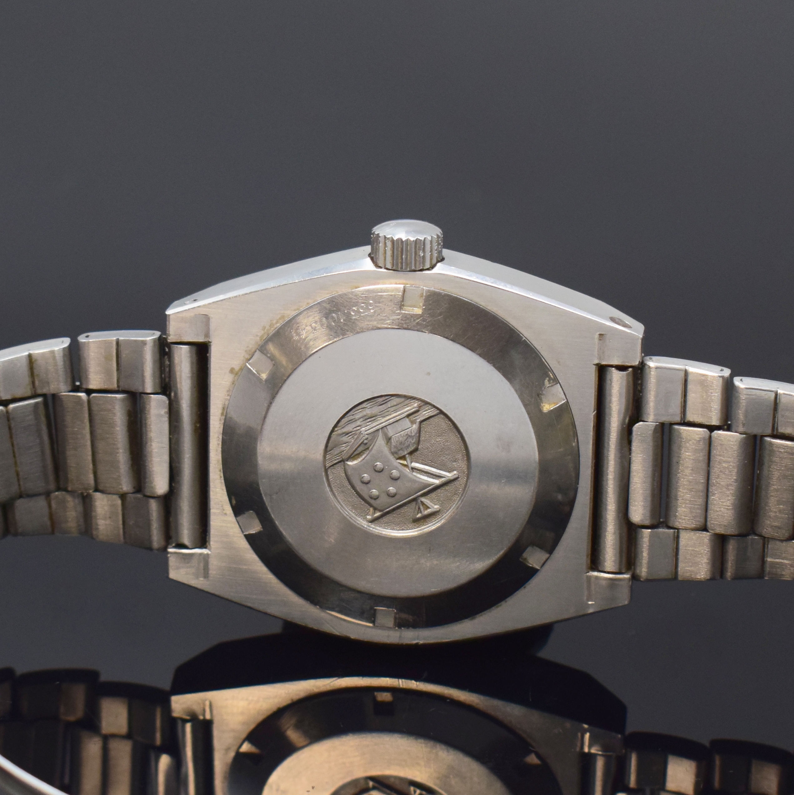 Detail d: ETERNA-MATIC Kontiki 20 Herrenarmbanduhr in Stahl, Schweiz um 1970, Automatik, Boden verschr., neutr. Stahlband inkl. Faltschl. (zu rep.), ...