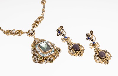 Image Necklace, Siebenbürgen approx. 1880 , silvergold plated, green-white enameled, ...