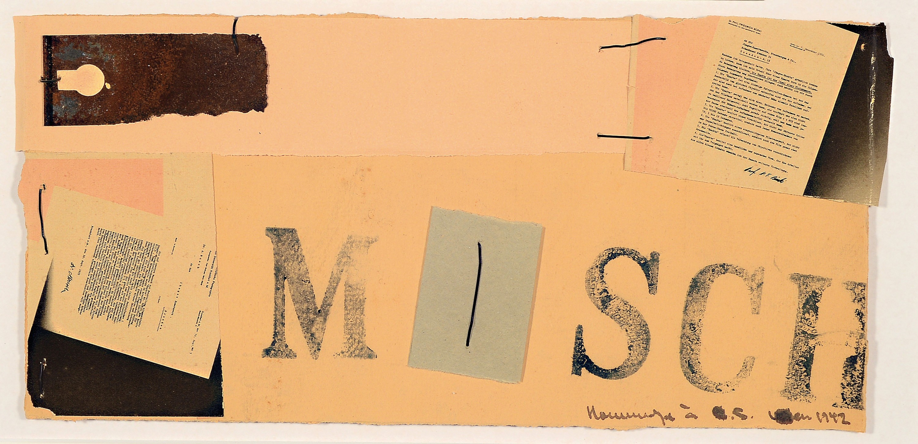 Unbekannter Künstler, datiert 1942, Collage aus Metall, Karton und Papier, mit verkleinerten Briefen zwischen I, bez. Hommage a ... 1942, ca. ...