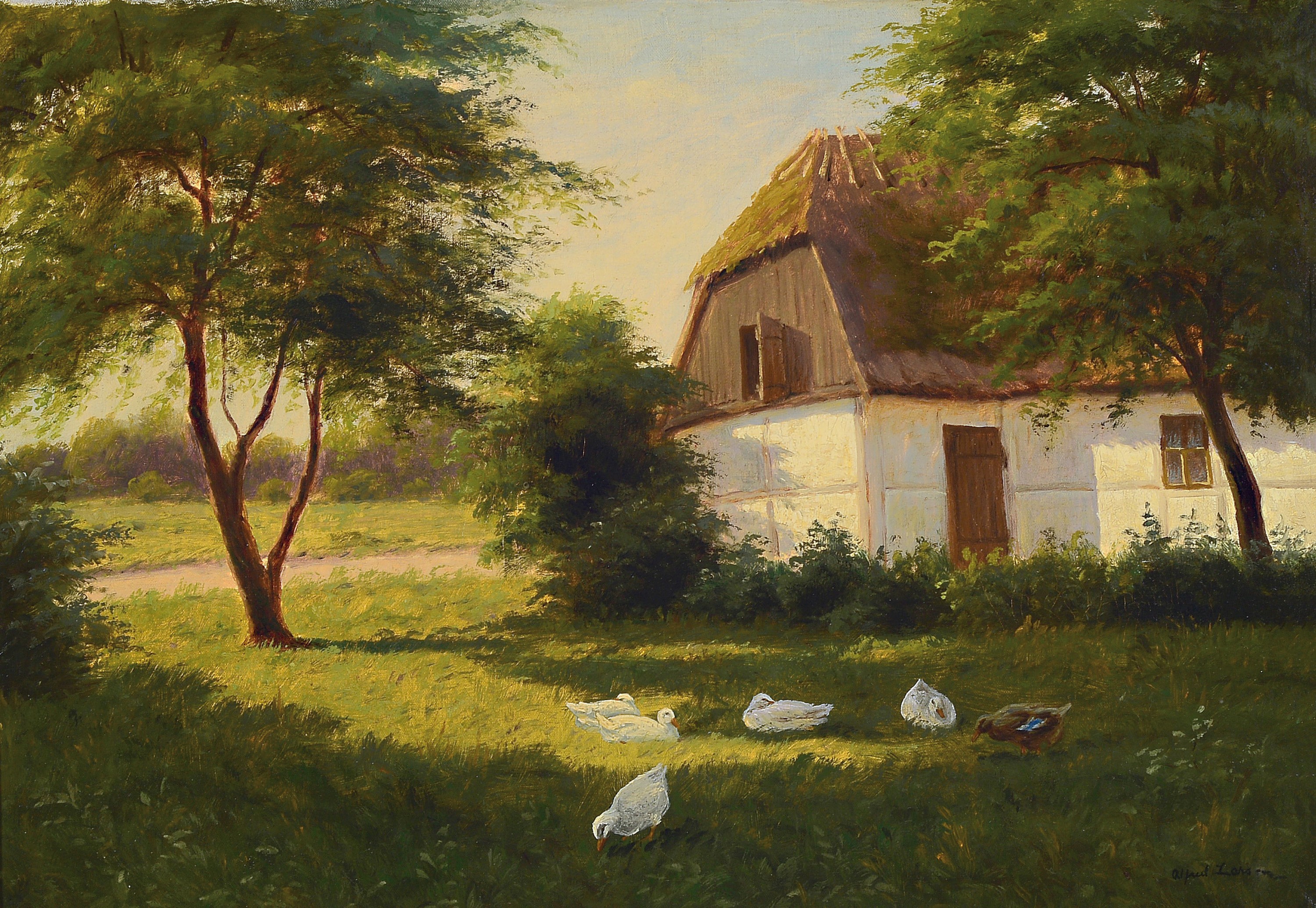 Alfred Valdemar Larsen, 1860 Stenderup-1946 Virum, Enten auf einer Wise vor einem Bauernhaus, rückseitig betitelt Sammerday paa Lander, Öl/Lwd, ...