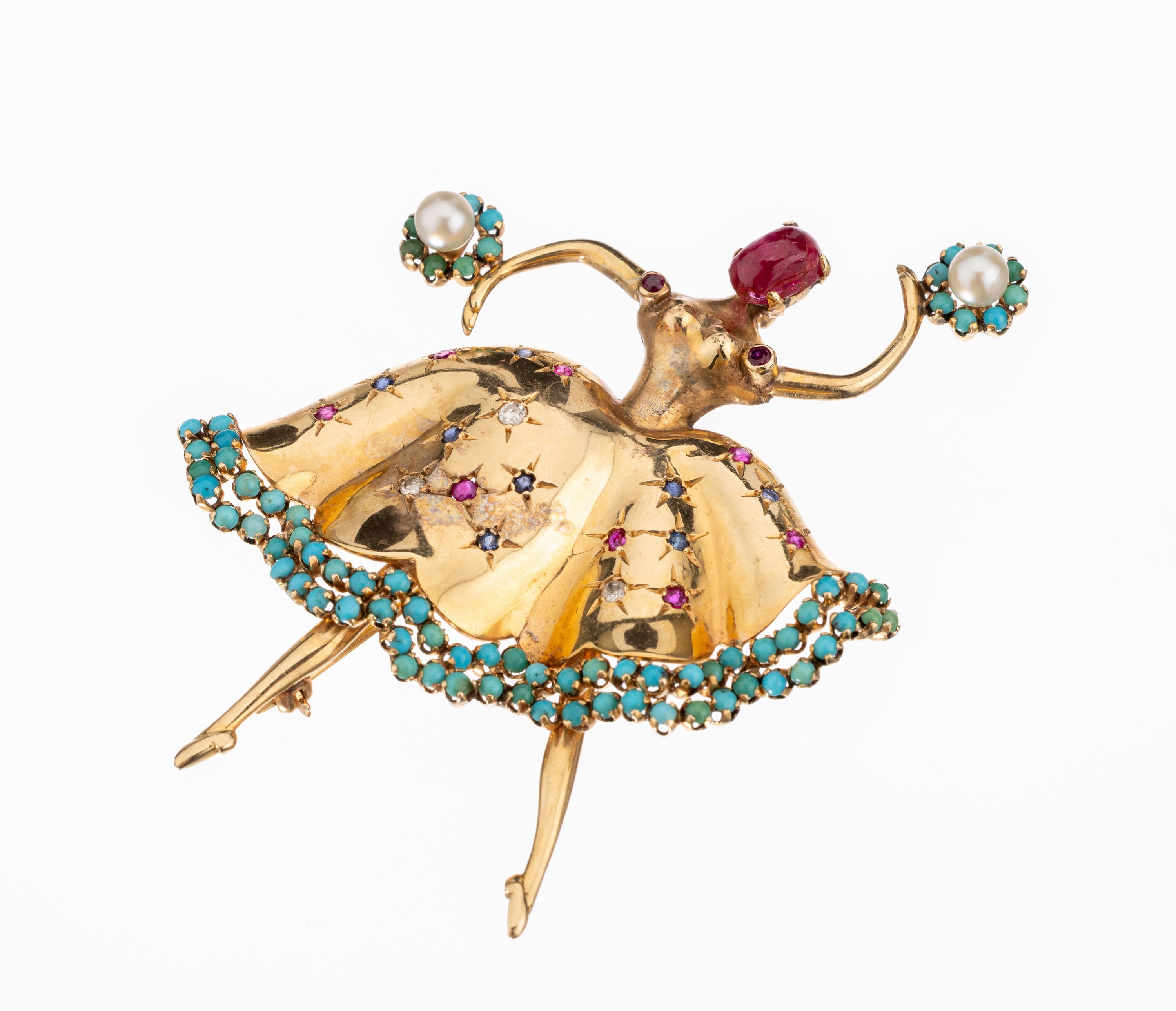 14 kt Gold Farbstein-Brosche "Ballerina", um 1940, GG 585/000, plastische Ausführung, Rubincabochon als Kopf ca. 1.20 ct, Kleid bes. mit ...
