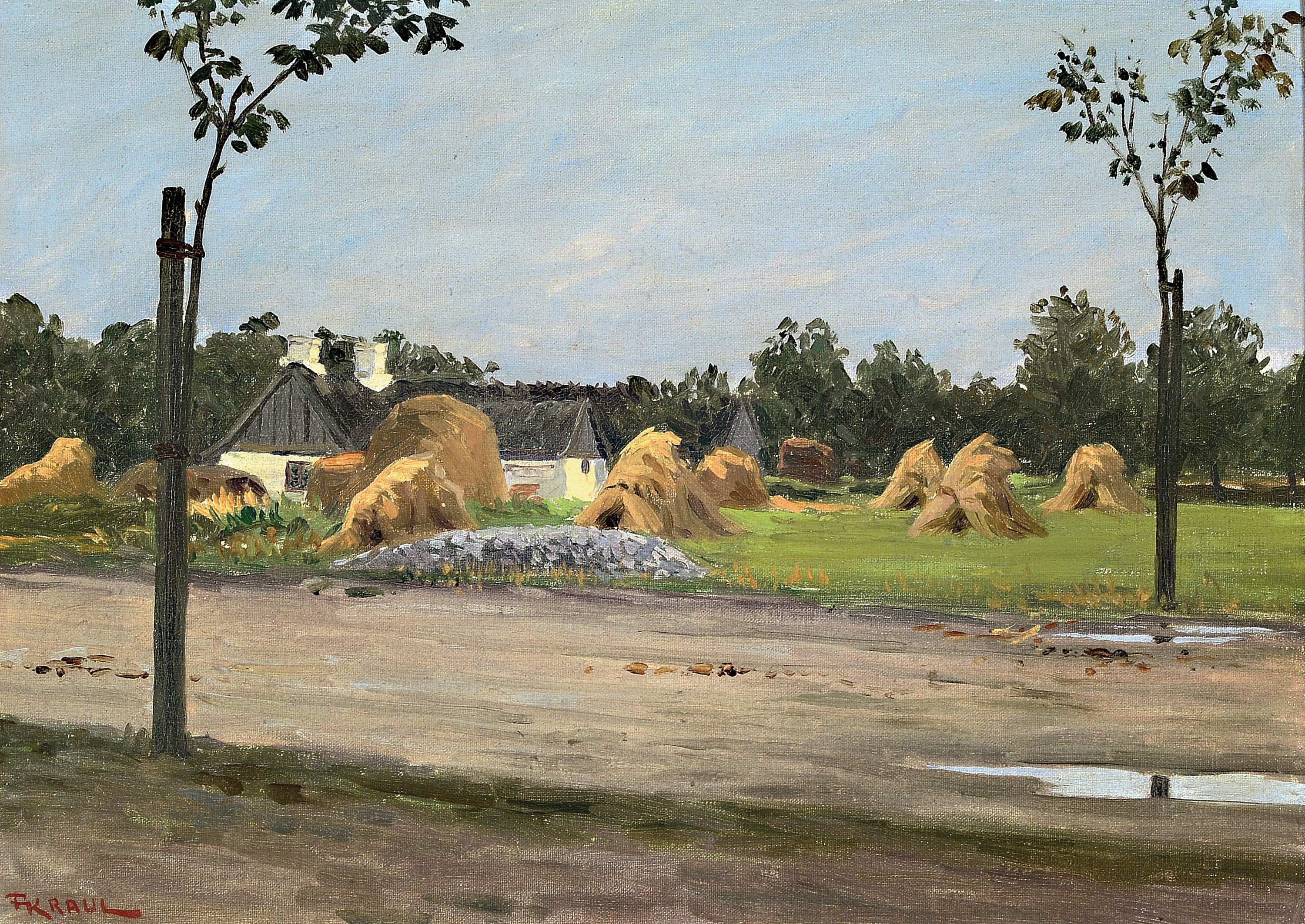 Fritz Kraul, 1862 Altona-1935 Kopenhagen, Erntelandschaft, Blick über eine Dorfstraße auf ein Gehöft mit Garbenlandschaft, Öl/Karton, links unten ...