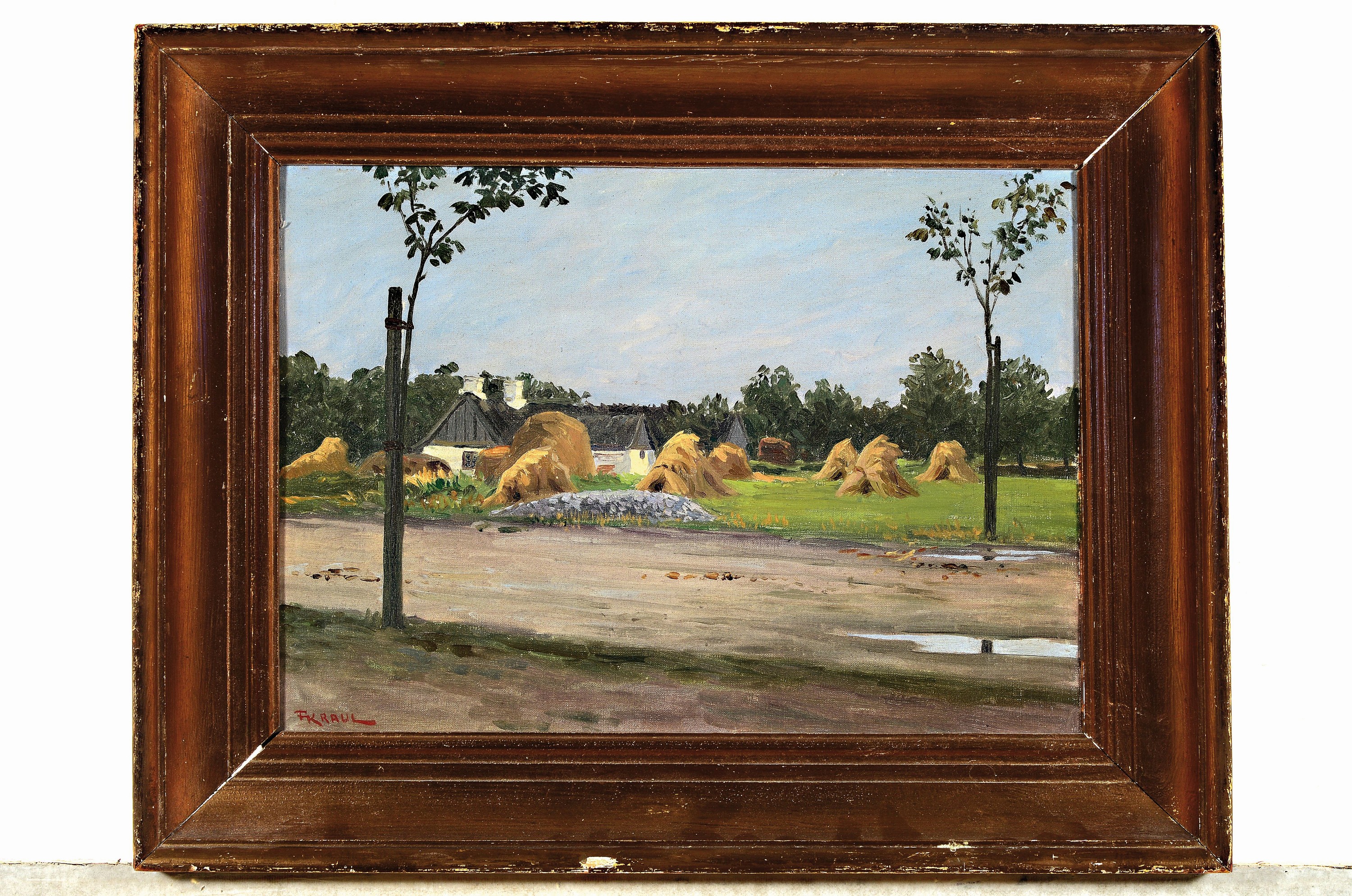 Detail k: Fritz Kraul, 1862 Altona-1935 Kopenhagen, Erntelandschaft, Blick über eine Dorfstraße auf ein Gehöft mit Garbenlandschaft, Öl/Karton, links unten ...