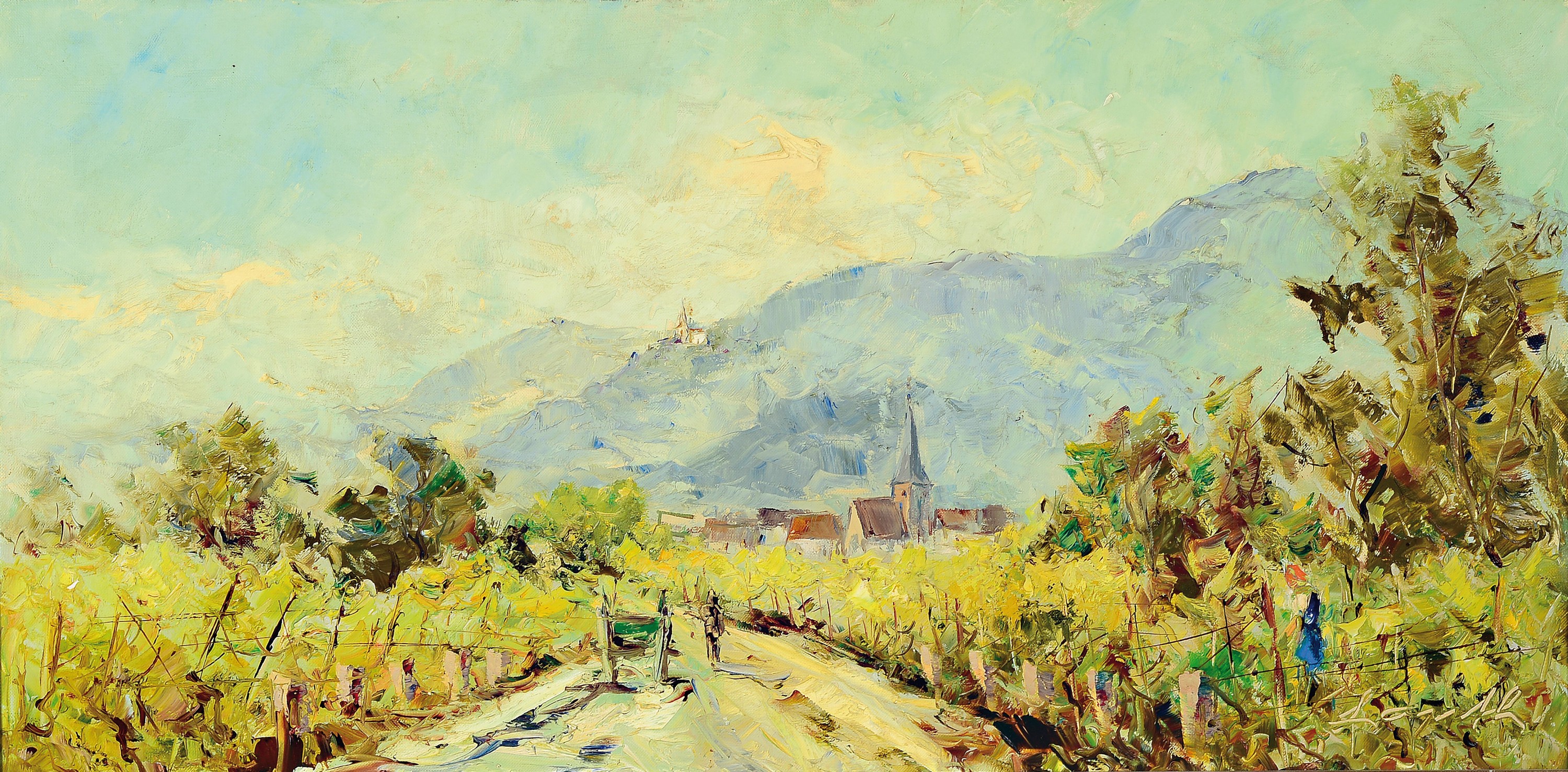 Robert Lauth, 1896-1985 Ludwigshafen, Ansicht aus der Pfalz mit St. Anna Kapelle, Öl/Lwd, rechts unten sign., ca. 40x80cm, R. ca. 49x89cm