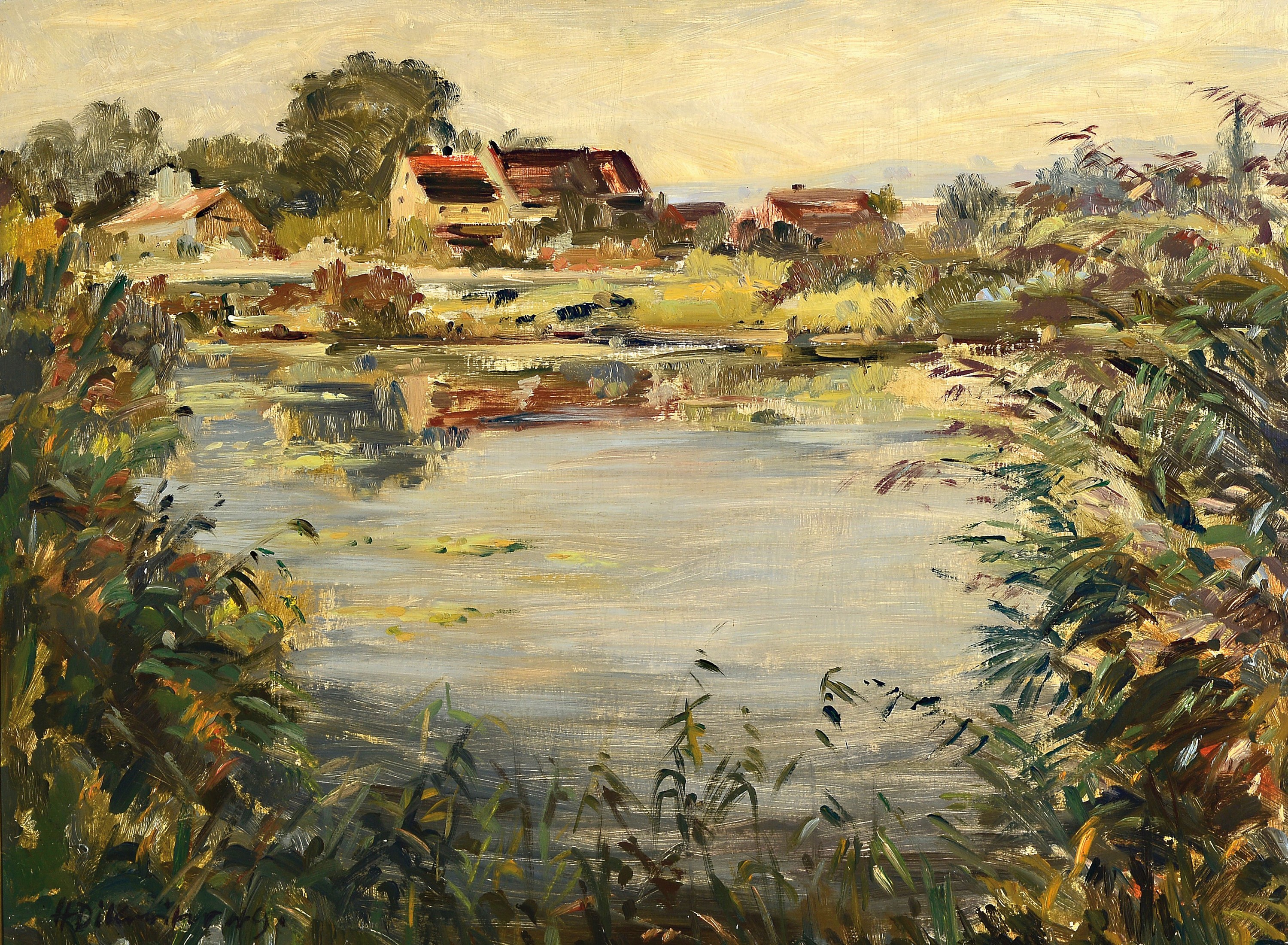 H.D. Kreuther o.ä., datiert (19)49, Weite Seeuferlandschaft mit Dorf im Hintergrund, Öl/Hartfaser, links unten unleserlich signiert, ca. 60x80cm, ...
