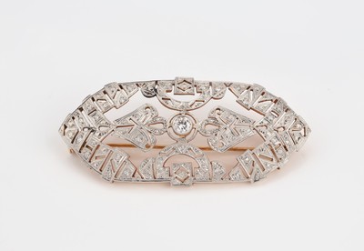 Image 18 kt gold Art Deco diamond brooch , approx.1920s, YG 750/000, obverse platinum, fret ...