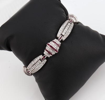 Image 18 kt gold ruby-brilliant-bracelet , WG 750/000, approx. 1940s, ruby squares total ...