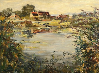 Image H.D. Kreuther or similar, dated (19)49, wide lakeside landscape with village in the ...