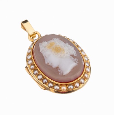 Image 14 kt gold locket clippendant , approx. 1880, YG 585/000, agate cameo with ladies' ...