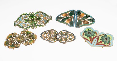 Image Lot 5 belt buckles , approx. 1900, metal gold plated, abstr.-floral enameled, enamel ...