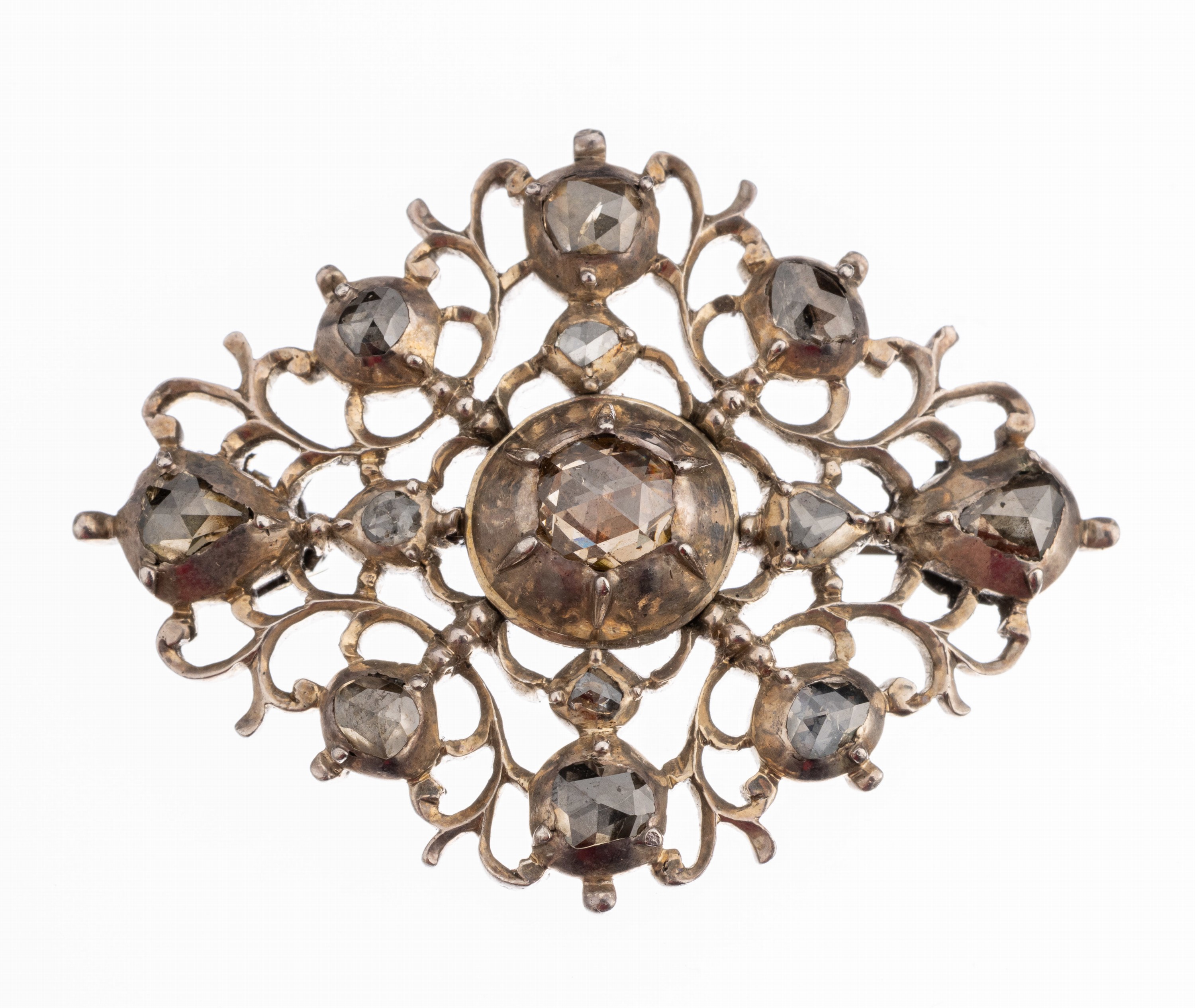 Diamant Brosche, um 1780-1800, Silber verg.florale Gestaltung, Durchbrucharbeit, Diamantrosen zus. ca. 1.00 ct Weiß- l.get.Weiß/si-p1, L. ca. 4 ...