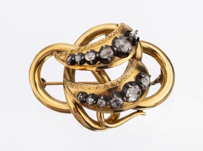 Image 18 kt gold diamond-brooch, approx. 1860/70 ,YG 585/000, 12 in silver setted ...