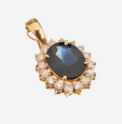 Image 18 kt gold sapphire brilliant clip pendant ,YG 750/000, centered one oval bevelled ...