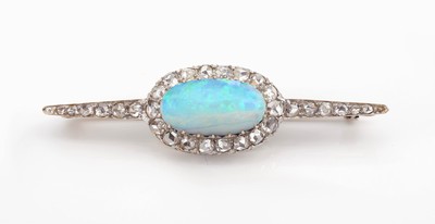 Image 14 kt gold opal diamond brooch , approx. 1920s, opal cabochon approx. 3.00 ct, ...